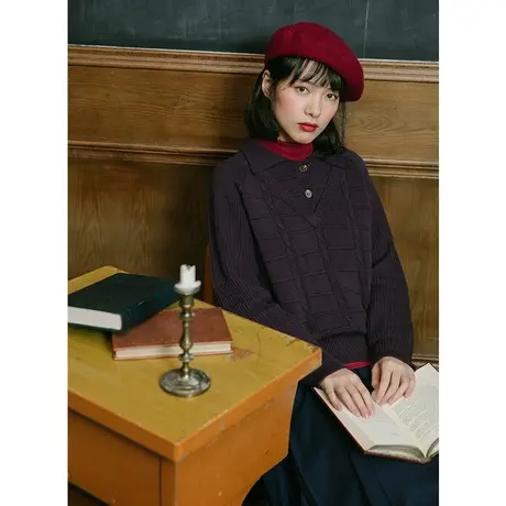 omont蛋挞家 复古假两件polo紫色毛衣女学院风长袖打底针织衫秋冬商品大图