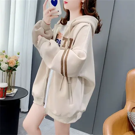 休闲加绒加厚连帽卫衣开衫女秋冬2022年新款宽松慵懒风上衣外套潮图片