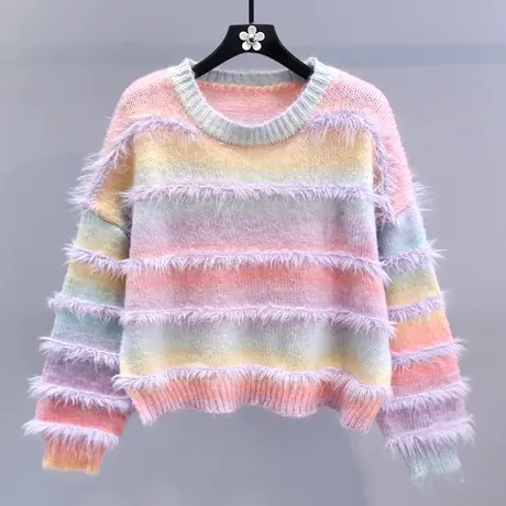 渐变彩虹条纹毛衣女秋冬2023新款宽松慵懒风设计感外穿针织衫上衣商品大图