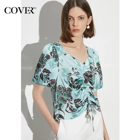 COVER夏季印花缎面雪纺灯笼袖衬衫图片