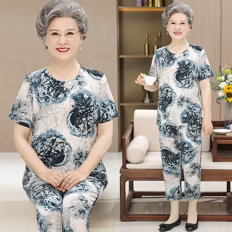 中老年人女冰丝短袖套装夏季妈妈60岁70老太太上衣奶奶两件装碎花商品大图