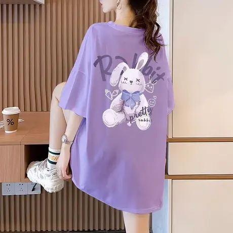 香芋紫大码女装纯棉短袖t恤女夏季2023新款宽松显瘦中长款上衣ins商品大图