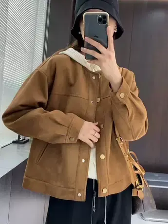 港味复古时髦设计感简约纯色夹克上衣洋气秋季小众短款开衫外套潮图片