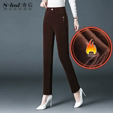 秀后灯芯绒女裤秋冬新款加绒加厚高腰直筒裤复古休闲妈妈修身长裤商品大图