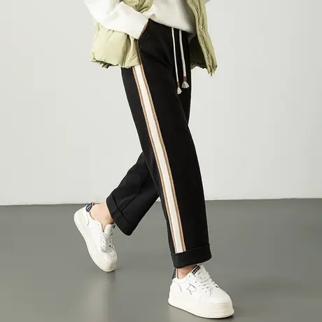 黑色加绒加厚毛呢直筒裤女2024新款休闲运动裤小个子九分裤烟筒裤图片