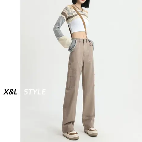 卡其色工装裤女秋冬2023年新款高腰美式宽松阔腿修身加绒休闲裤子图片