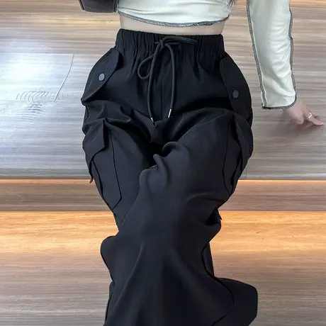 美式复古黑色工装裤女2024秋冬新款宽松显瘦长腿辣妹抽绳阔腿裤子图片