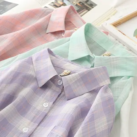 2020夏装新款学生百搭防晒格子衬衫女设计感小众清新薄款上衣外套商品大图