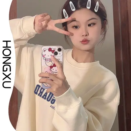 红续2023年新款美式简约印花卫衣女oversize显瘦百搭加厚上衣长袖商品大图