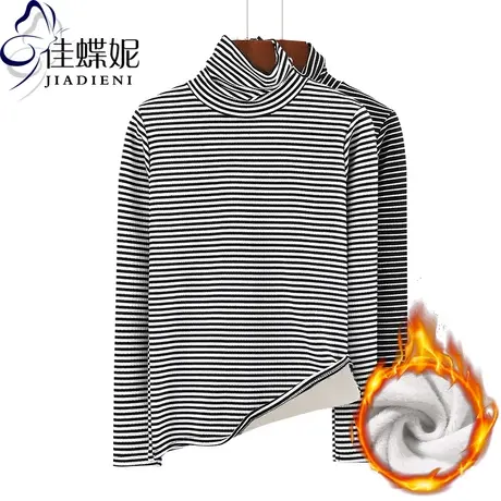 条纹长袖女冬装修身T恤外穿纯棉洋气百搭打底衫内搭上衣加厚绒商品大图