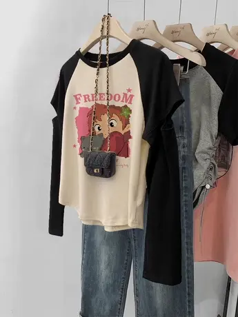 大码秋季内搭打底衫oversize美式复古长袖上衣女ins潮洋气拼接T恤商品大图