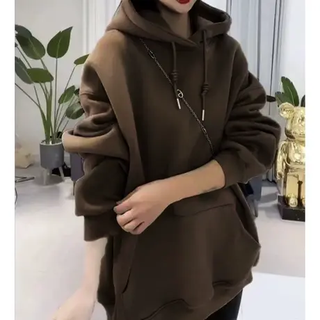 秋冬加绒潮牌连帽卫衣女hiphop大码美式加厚情侣外套ins纯色百搭商品大图