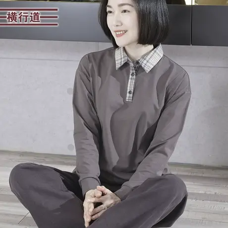 简约休闲翻领格子拼接宽松长袖T恤女装大码内搭上衣2024春季新款图片