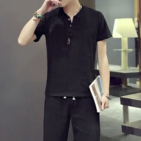 中国风套装男士夏季棉麻短袖t恤2021新款潮流休闲亚麻衣服一套商品大图