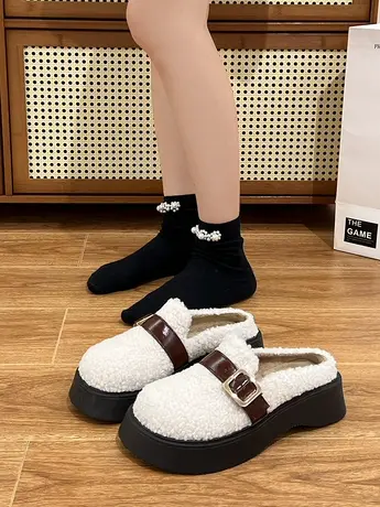 网红厚底毛毛拖鞋女外穿2023新款秋冬时尚皮带扣羊羔毛包头棉拖鞋商品大图
