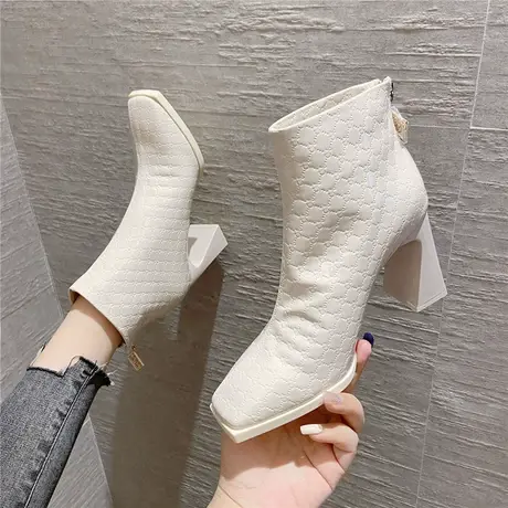 马丁靴女粗跟2024年秋冬新款方头百搭短筒靴时尚气质瘦瘦靴及裸靴图片