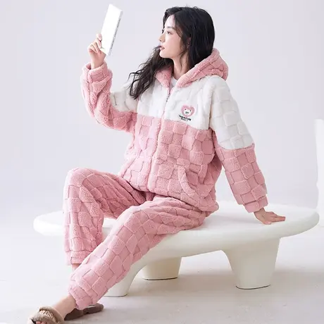 睡衣女2023新款冬季珊瑚绒加绒加厚家居服连帽女士秋冬套装法兰绒图片