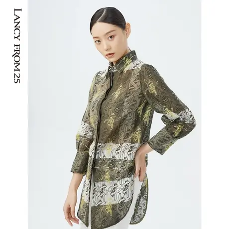俪雅[旋转玛土瓦]撞色薄款女士衬衫夏新款修身灯笼袖上衣图片