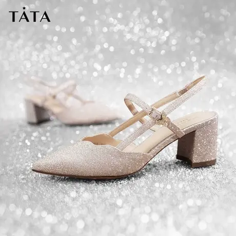 Tata他她牛皮闪钻包头凉鞋女尖头粗跟后空凉鞋2023夏新款7RZ07BH3商品大图