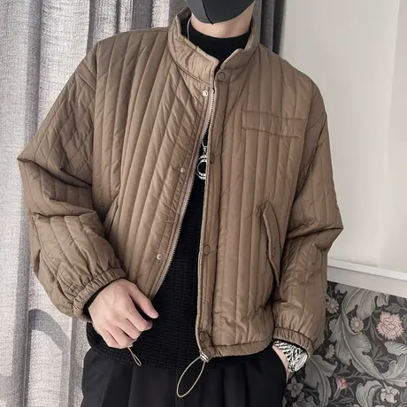 轻薄竖条棉衣男冬季2023新款小众设计感立领短款冬装打底棉服外套图片