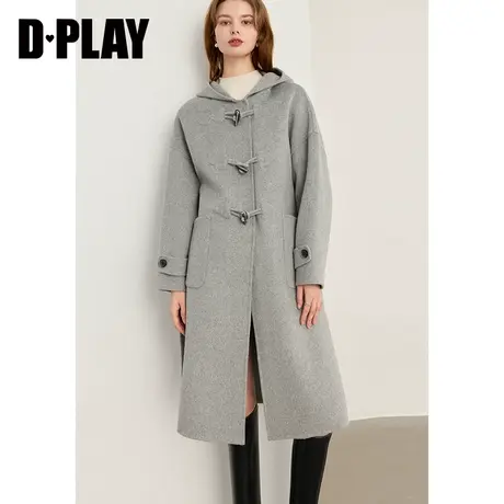 DPLAY冬季装复古学院风外套灰色连帽宽松双面毛呢大衣商品大图