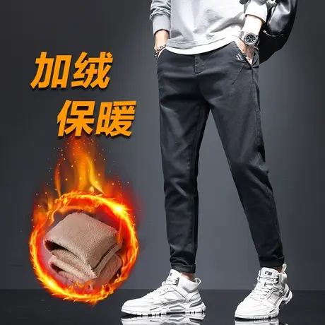 冬季加绒加厚牛仔休闲长裤男士修身小脚小直筒男裤子秋冬款加棉裤商品大图