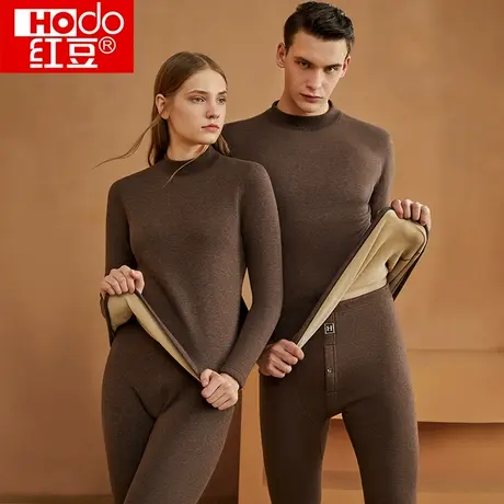 红豆保暖内衣男女士秋衣秋裤色纺中老年冬加绒加厚高领套装商品大图