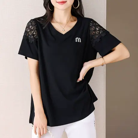 伊自尚2024年新款女装时尚大码胖mm宽松显瘦V领拼接T恤短袖上衣女商品大图