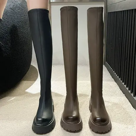 高跟过膝靴子女长筒靴秋冬时尚弹力瘦瘦小个子长靴粗跟高筒骑士靴图片