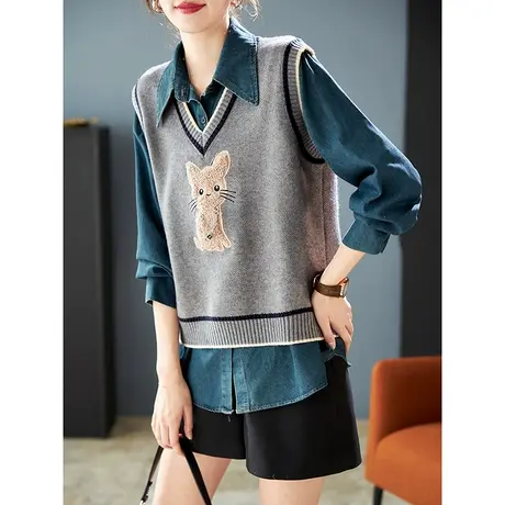 宝诗黎提花针织背心长袖牛仔衬衫两件套装2024新款时尚宽松春秋装商品大图