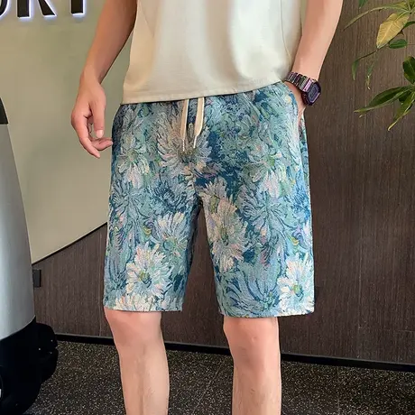 夏季男潮流百搭高级重工个性油画风直筒短裤五分短裤花色中裤薄款商品大图