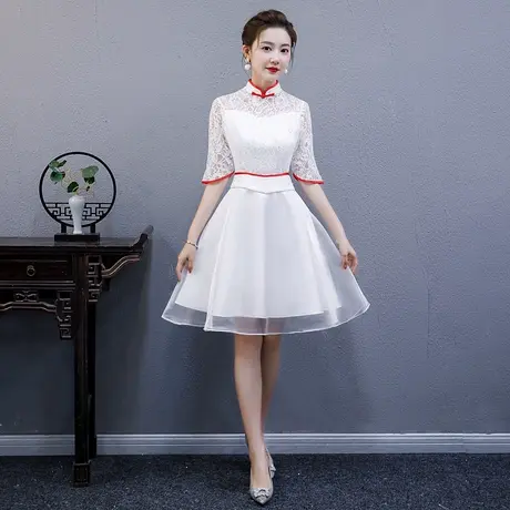 改良旗袍2023新款中国风礼仪时尚少女短款大气白色蕾丝毕业礼服裙商品大图