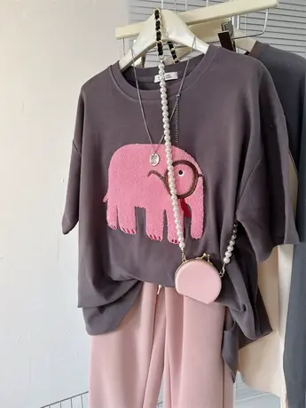 春秋冬季磨毛棉宽松大码毛巾绣小象包臀中长款半袖女款打底T恤潮商品大图