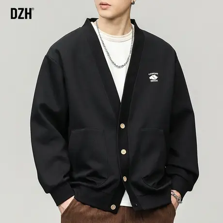 男士重磅开衫卫衣男春季2024新款黑色印花上衣休闲v领外套高级感商品大图