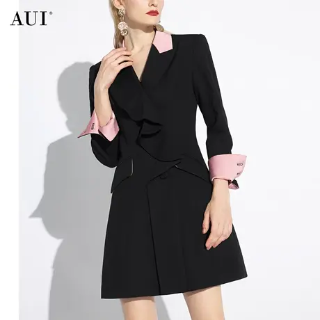 AUI黑色中长款高端职业西装外套女2024早春新款气质设计感西服裙图片