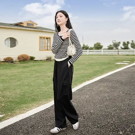 【百亿补贴官方直播】香影黑色工装阔腿裤2024春季高腰拖地裤图片