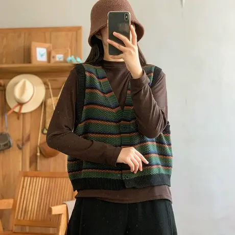 dza复古宽松V领条纹针织马甲背心女2024早春新款休闲毛衣马夹上衣图片