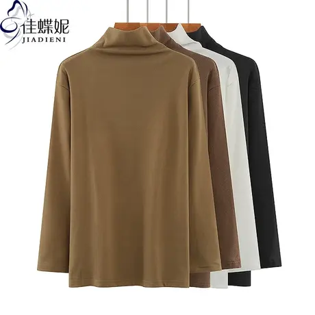 早春新款高领宽松大码纯色双面德绒保暖中长款长袖体恤上衣女打底图片