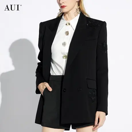 AUI黑色职业御姐气质廓形西装外套女2024年春秋新款宽松休闲西服图片
