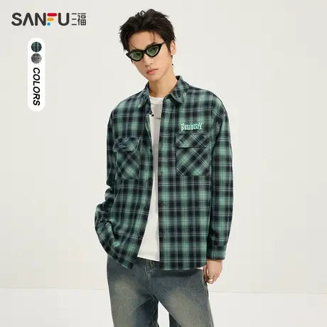 三福2024春季男士复古格纹长衬衫 街头潮流宽松翻领上衣482507图片