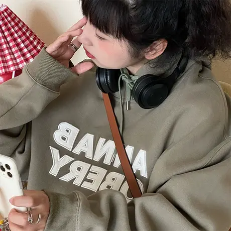 古着vintage连帽卫衣女刺绣加绒加厚秋冬韩版宽松oversize外套潮图片