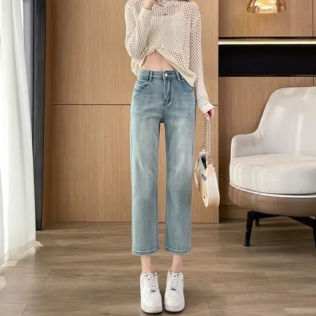 窄版直筒牛仔裤女2024春季新款高腰显瘦八九分小个子浅色烟管裤子图片