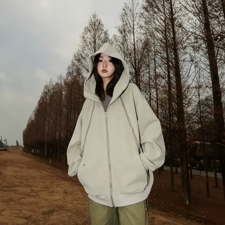 复古纯色薄款连帽外套女春秋2024新款设计感街头运动夹克宽松上衣商品大图