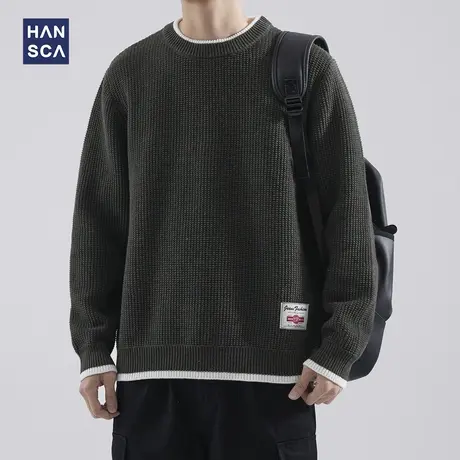 hansca日系复古撞色假两件毛衣男冬季慵懒风美式编织圆领套头外套商品大图