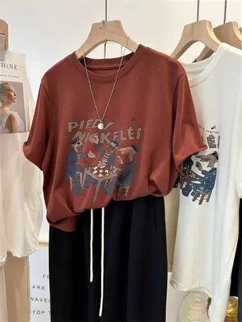 韩国春夏卡通三兄弟印花圆领短袖T恤女 宽松显瘦半袖复古字母上衣商品大图