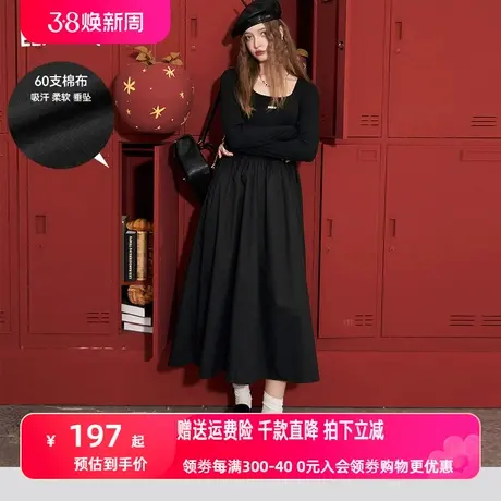 妖精的口袋方领修身长袖连衣裙女2023秋季新款显瘦气质黑色长裙潮商品大图