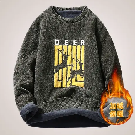 雪尼尔加绒毛衣男秋冬季加绒加厚款潮流韩版学生保暖衣针织打底衫商品大图