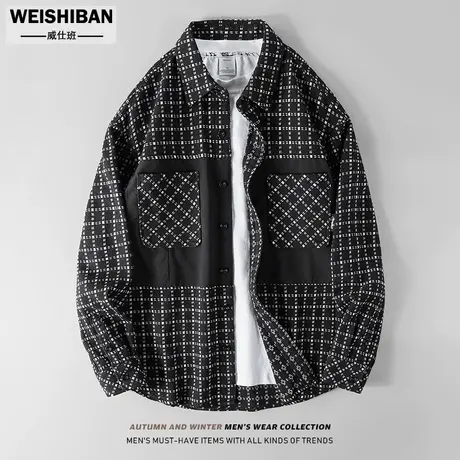 春秋季拼接格子长袖衬衣男士2023年新款小香风宽松外套痞帅衬衫潮商品大图