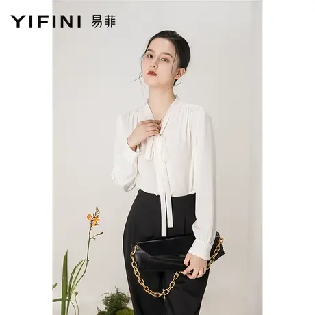 Yifini/易菲通勤简约飘带长袖衬衫女春秋新款v领套头职场衬衣商品大图