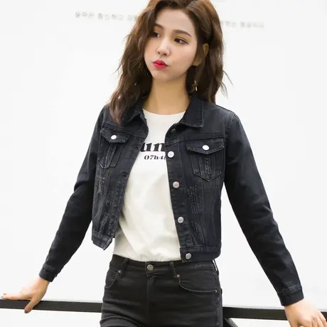牛仔外套女春秋短款修身韩版新款显瘦学生长袖牛仔服上衣黑色高腰商品大图